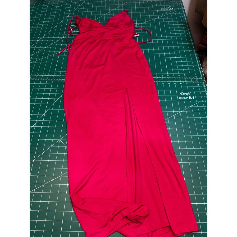 Hello Molly Pink Maxi Dress Lace Up Back High Slit Formal Gown Fuchsia US 6 M